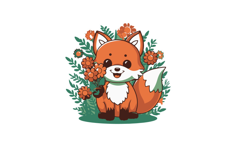 Cute fox holding flowers manga style, illustration, anime Template Design Illustration