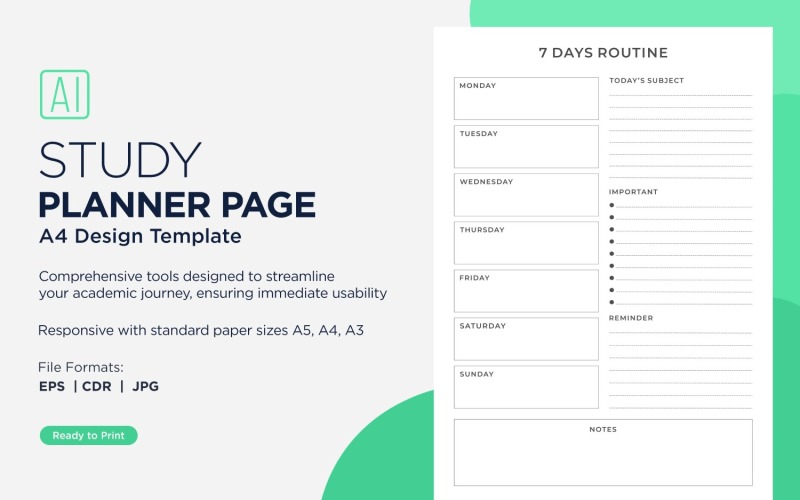 7 Day Routine Study Planning Page, Planner Sheet, Design Template 01