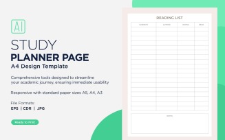 Reading List Study Planning Page, Planner Sheet, Design Template 01