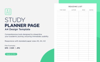 Reading List Study Planning Page, Planner Sheet, Design Template 03