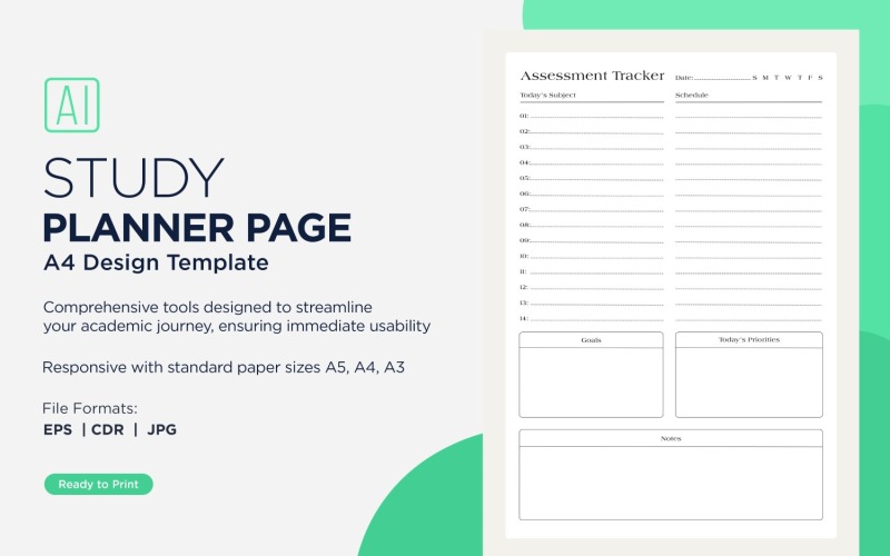 Assessment Tracker Study Planning Page, Planner Sheet, Design Template 06