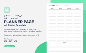 Reading List Study Planning Page, Planner Sheet, Design Template 09