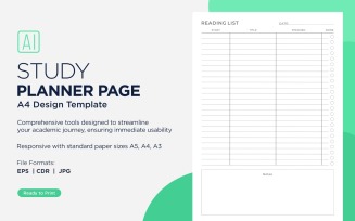 Reading List Study Planning Page, Planner Sheet, Design Template 10