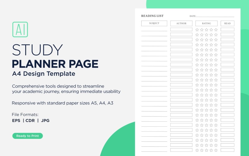 Reading List Study Planning Page, Planner Sheet, Design Template 13