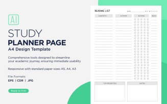 Reading List Study Planning Page, Planner Sheet, Design Template 17