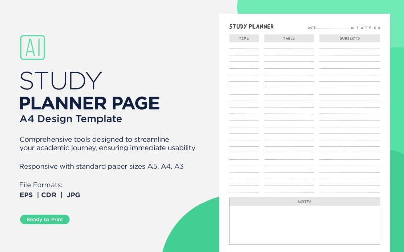 Study Planning Page, Planner Sheet, Design Template 17