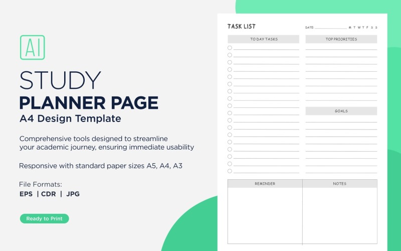 Task List Study Planning Page, Planner Sheet, Design Template 06