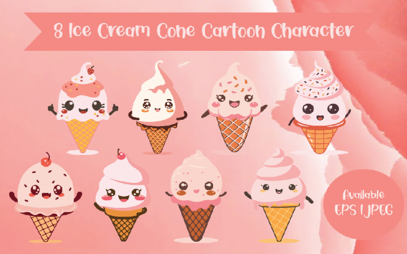 8 Ice Cream Cone Cartoon Character Illustration