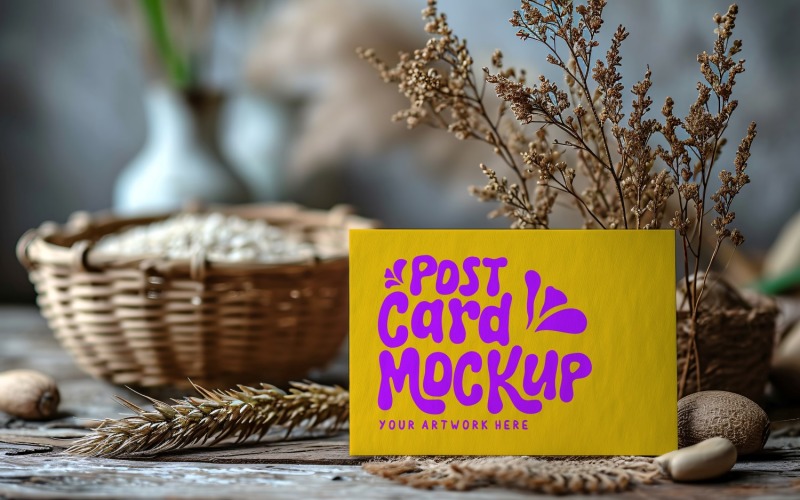 Greeting Card Mockup & Dried Flowers Wooden Background 07 Product Mockup