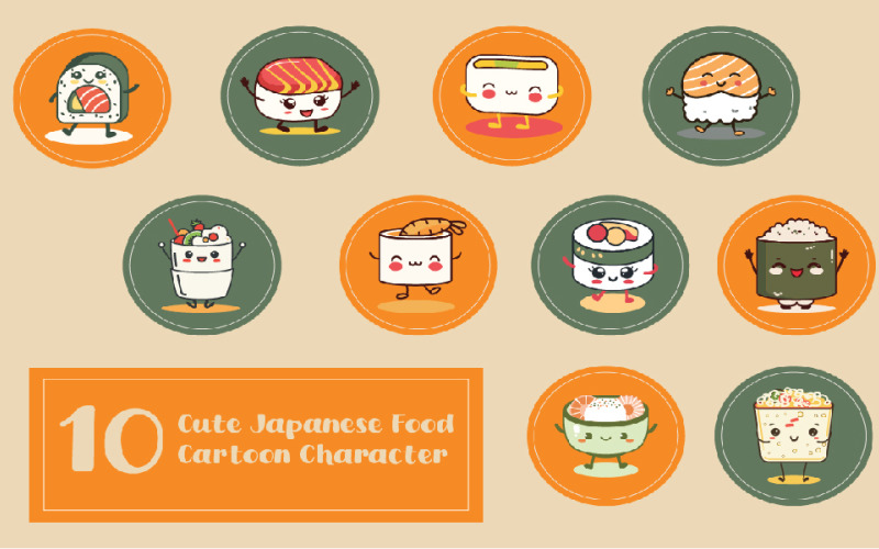 10 Cute Japanese Food Cartoon Character Illustration