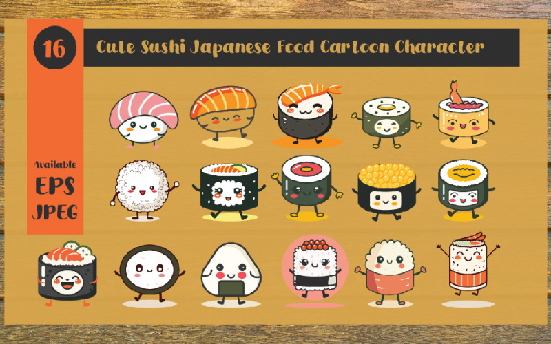 16 Cute Sushi Japanese Food Cartoon Character Illustration