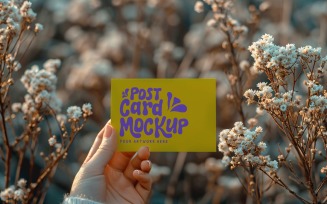 Paper Held Against Dried Flowers Card Mockup 29