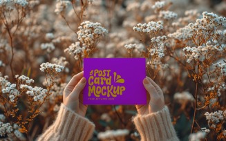 Paper Held Against Dried Flowers Card Mockup 41