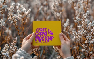 Paper Held Against Dried Flowers Card Mockup 42