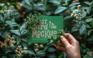 Paper Held Against Leaves & Flowers Card Mockup 10