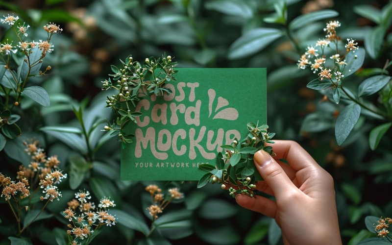 Paper Held Against Leaves & Flowers Card Mockup 10 Product Mockup