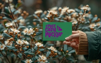 Paper Held Against Leaves & White Flowers Card Mockup 12