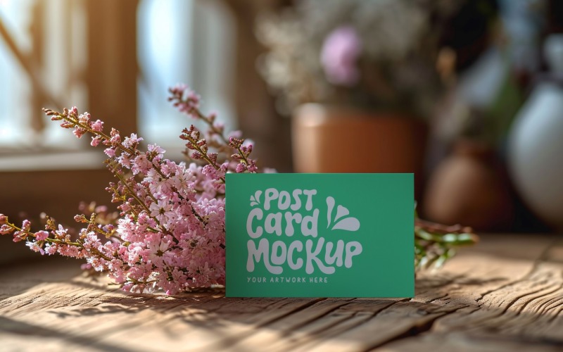 Postcard mockup & Flowers On Wooden Table 02 Product Mockup