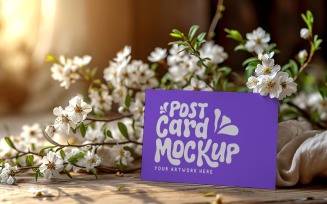 Postcard mockup & Flowers On Wooden Table 03