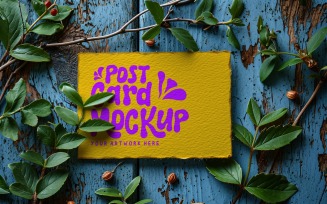 Postcard mockup, flatlay Leaves on wooden background 49