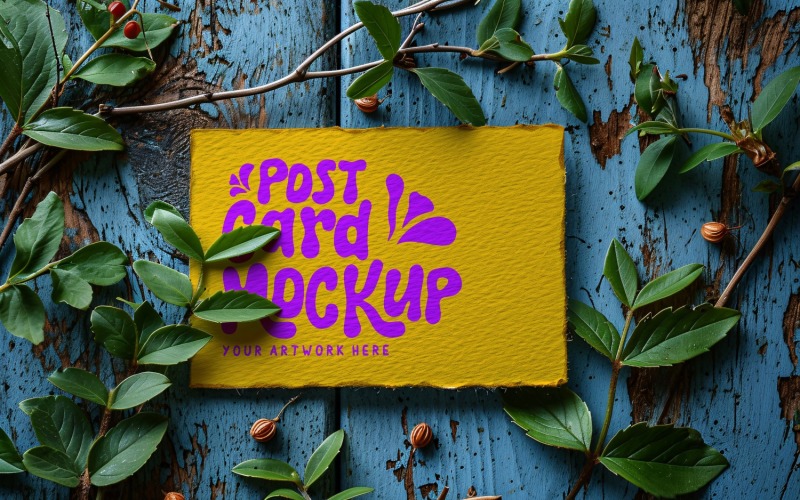 Postcard mockup, flatlay Leaves on wooden background 49 Product Mockup