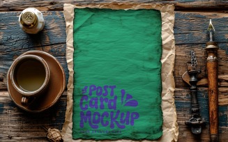 Card Mockup Paper flatlay On the rustic wood with tea cup 105