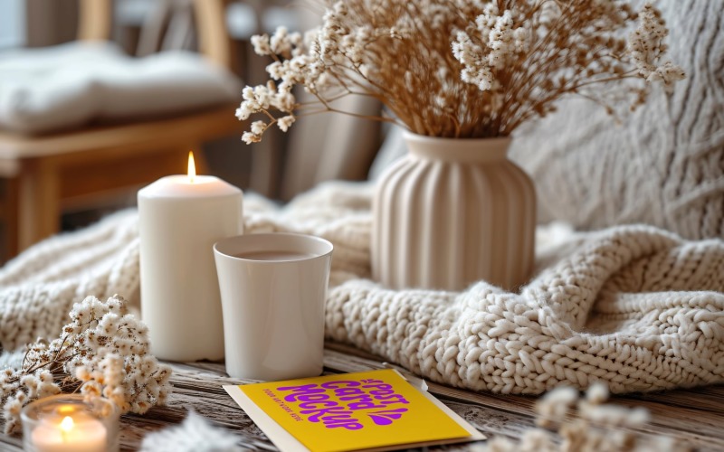 Greeting Card Mockup with Dried Flowers Vase & candle 77 Product Mockup