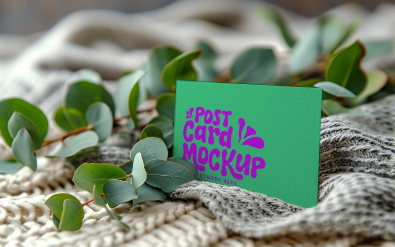 Paper Card Mockup With plant branches on the cloth 68 Product Mockup