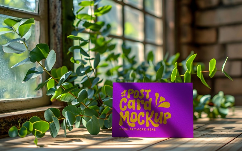 Paper Card Mockup With Plant branches on the Room 69 Product Mockup