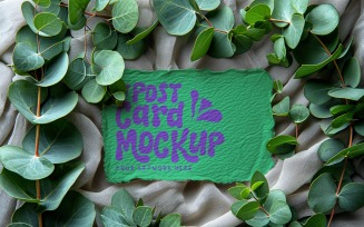 Paper Card Mockup With Plant branches on the silk cloth 65