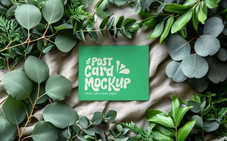 Paper Card Mockup With Plant branches on the silk cloth 66