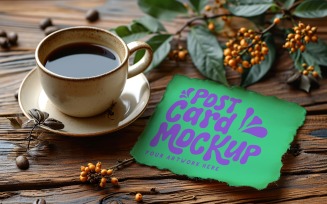 Post card Mockup designe with tea cup & Leaves On the wood 119