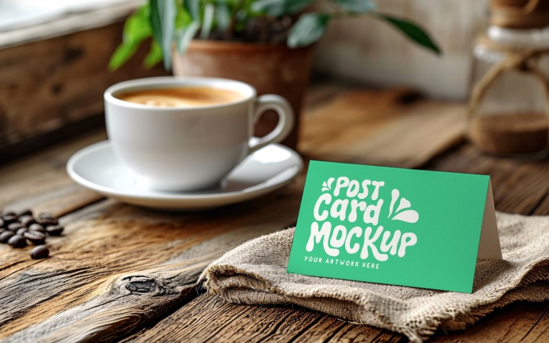 Post card Mockup designe with tea cup & Leaves On the wood 120 Product Mockup