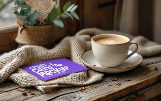 Post card Mockup designe with tea cup & Leaves On the wood 121