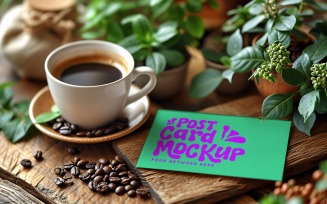 Post card Mockup designe with tea cup & Leaves On the wood 122