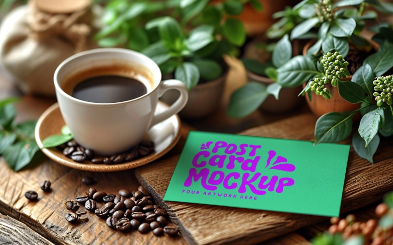 Post card Mockup designe with tea cup & Leaves On the wood 122 Product Mockup