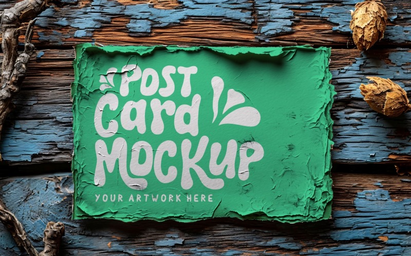 Post card Mockup Flatlay designe On the rustic wood 99 Product Mockup