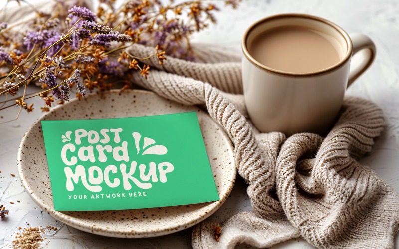 Post card Mockup On the Flat Tea cup & Dried Flowers 86 Product Mockup