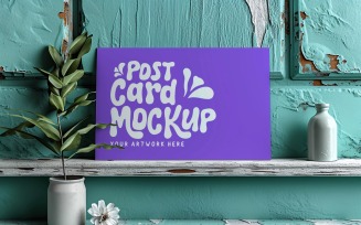 Post card Mockup Rustic wall With vases On the wooden table 93