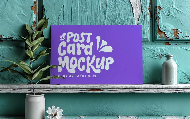 Post card Mockup Rustic wall With vases On the wooden table 93 Product Mockup