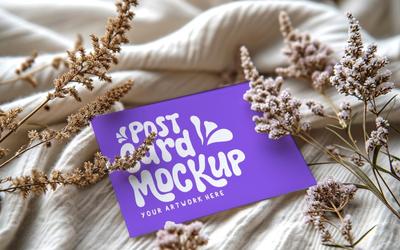 Post card Mockup with dried Flowers on The cloth 128 Product Mockup