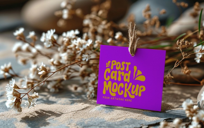 Post card Mockup with dried Flowers on The wooden table 130 Product Mockup