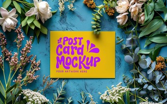 Post card mockup With Green leaves & White Flowers 90