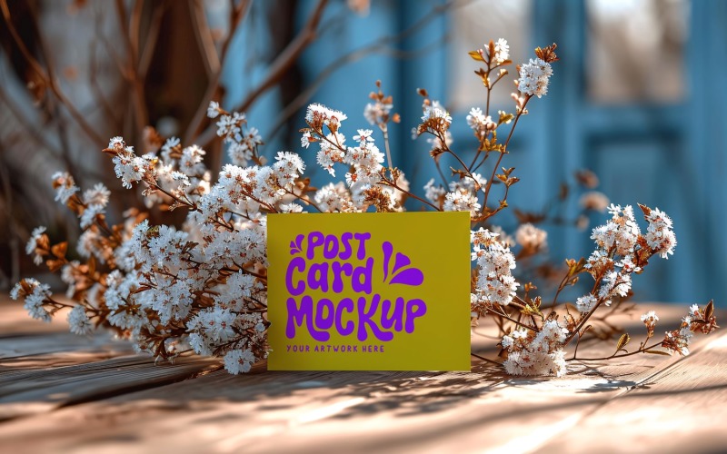 Post card Mockup with vase & dried Flowers On wooden table 139 Product Mockup