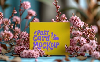 Post card Mockup with vase & dried Flowers On wooden table 140