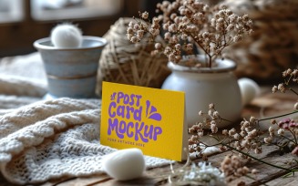 Postcard mockup & Dried Flowers On Wooden Table 118