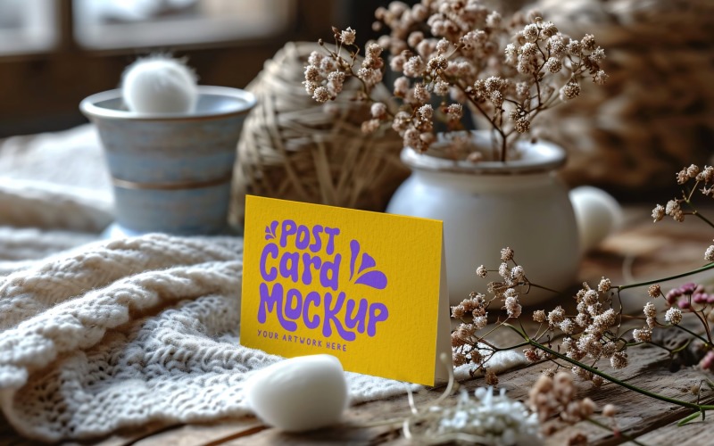Postcard mockup & Dried Flowers On Wooden Table 118 Product Mockup