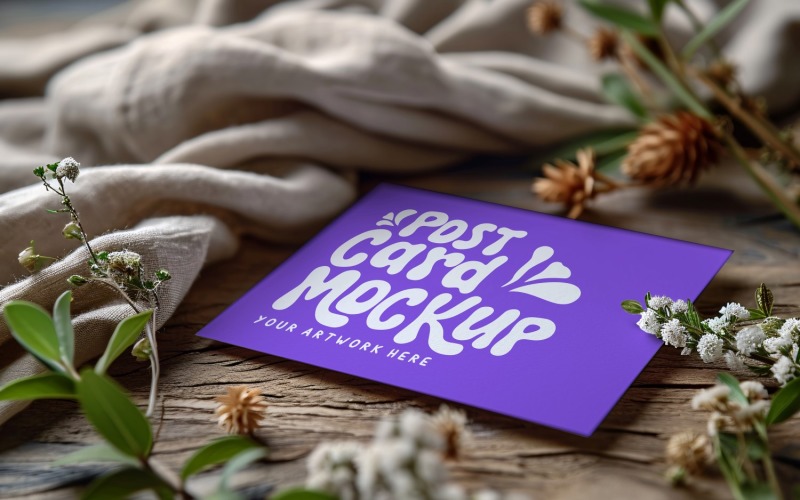 Postcard mockup & Flowers On Wooden Table 114 Product Mockup