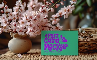Postcard mockup & Flowers Vase On Table 115