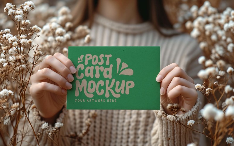 Postcard mockup, flatlay With Flowers & leaves 52 Product Mockup